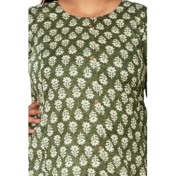 Generic Women's Casual 3/4th Sleeve Printed Pure Cotton Prince Cut A-Line Kurti (Green) - Image 3