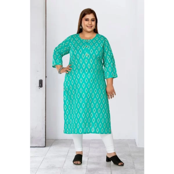 Generic Women's Casual 3/4th Sleeve Ikkat Printed Pure Cotton Straight Kurti (Turquoise) - Image 2