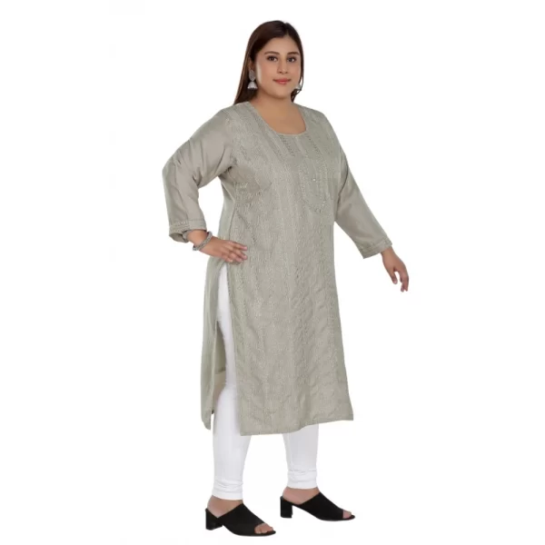 Generic Women's Casual 3/4th Sleeve Imported Fabric Self Embroidered Straight Kurti With Lining (Grey) - Image 3