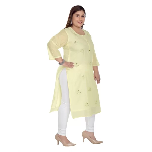 Generic Women's Casual 3/4th Sleeve Rayon Mirror Embroidered Straight Kurti (Light Yellow) - Image 3