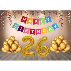Generic 26Th Happy Birthday Decoration Combo With Multi Color Banner (Golden)