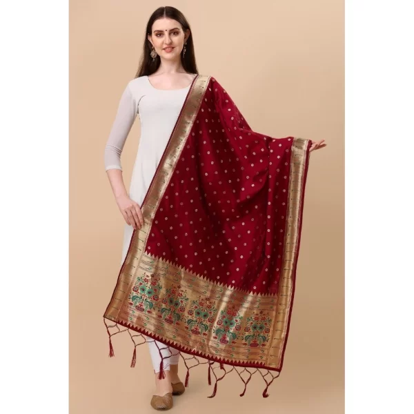 Generic Women's Silk Pure Zari weaving Duppatta (Maroon, Length: 2-2.3 Mtrs) - Image 2