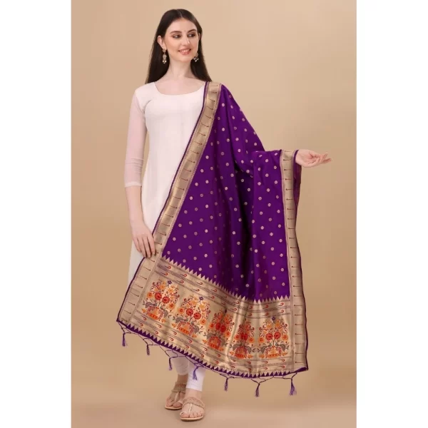 Generic Women's Silk Pure Zari weaving Duppatta (Purple, Length: 2-2.3 Mtrs) - Image 3