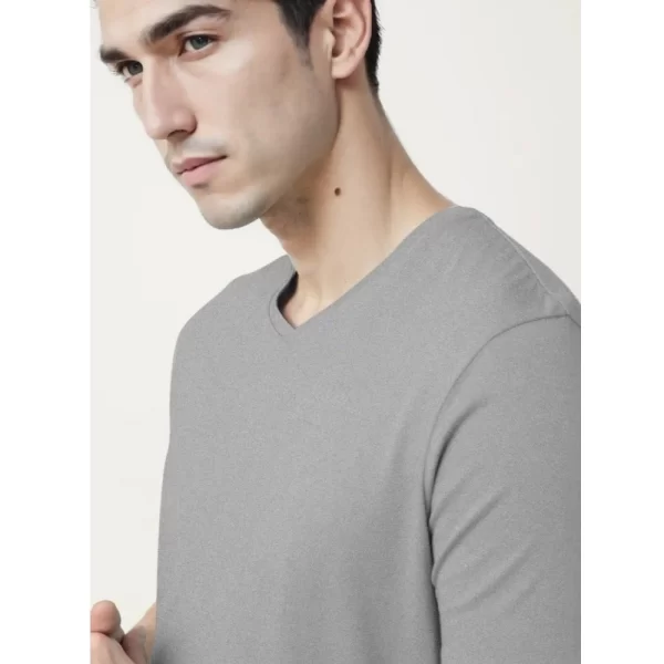 Generic Men's Casual Half sleeve Solid Cotton V Neck T-shirt (Grey Melange) - Image 3