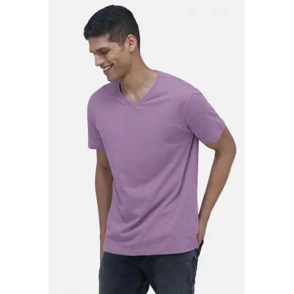 Generic Men's Casual Half sleeve Solid Cotton V Neck T-shirt (Lilac) - Image 3