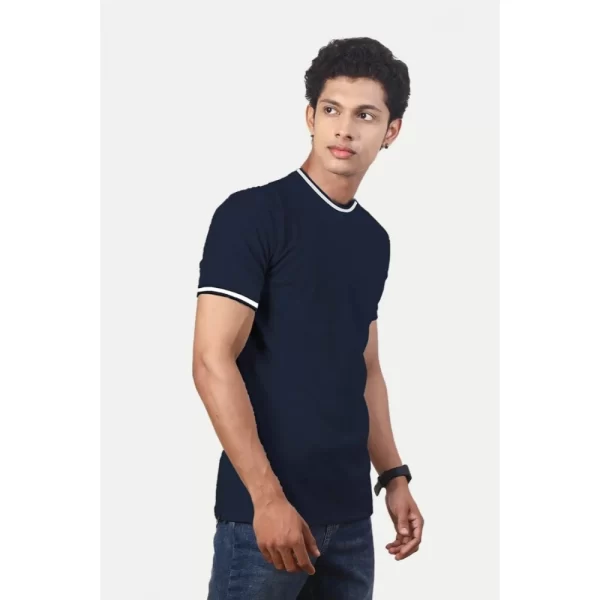 Generic Men's Casual Half sleeve Solid Polyester Crew Neck T-shirt (Navy) - Image 5