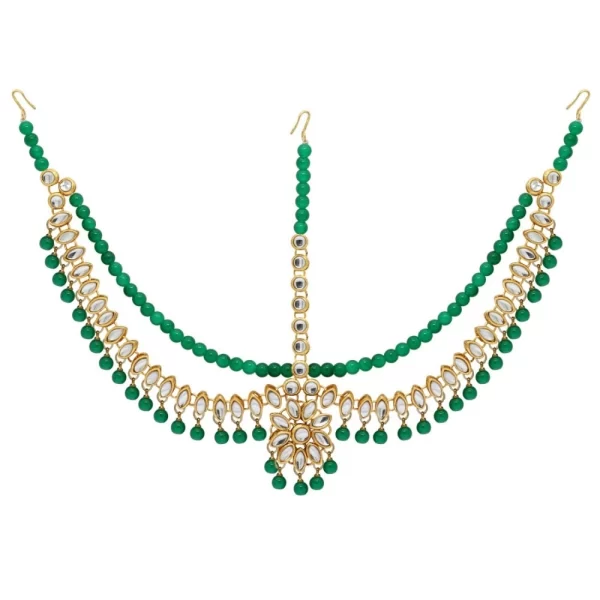 Generic Women's Green Color Imitation Pearl & Kundan Work Matha Patti - Image 2