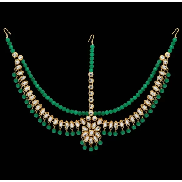 Generic Women's Green Color Imitation Pearl & Kundan Work Matha Patti - Image 3