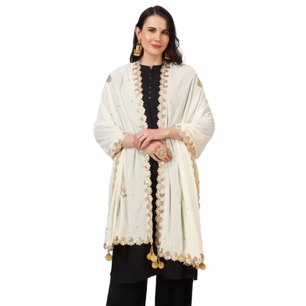 Generic Women's Velvet Gotta Patti Dupatta (Off White, Length: 2.25 to 2.50 Mtr) - Image 3