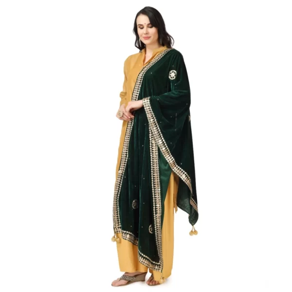Generic Women's Velvet Gotta Patti Dupatta (Green, Length: 2.25 to 2.50 Mtr) - Image 4