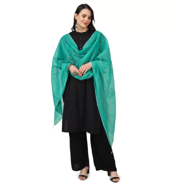 Generic Women's Cotton Embroidered Dupatta (Turquoise, Length: 2.25 to 2.50 Mtr) - Image 2
