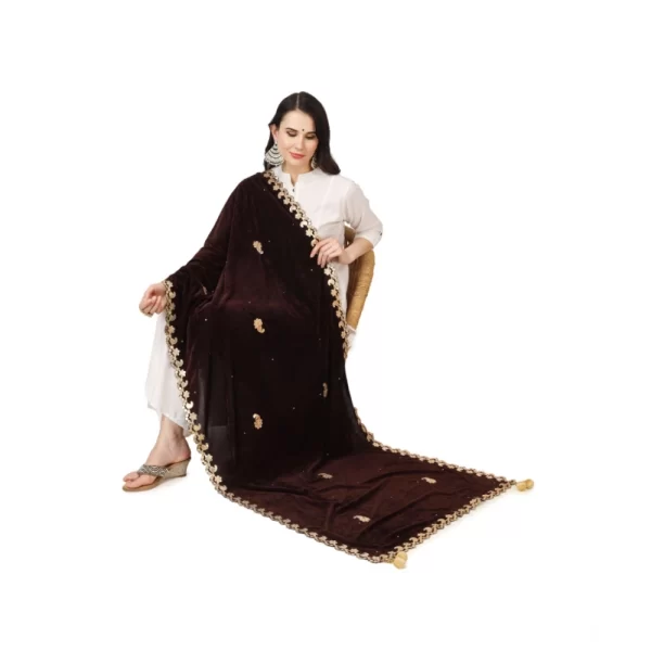 Generic Women's Velvet Gotta Patti Dupatta (Brown, Length: 2.25 to 2.50 Mtr) - Image 2