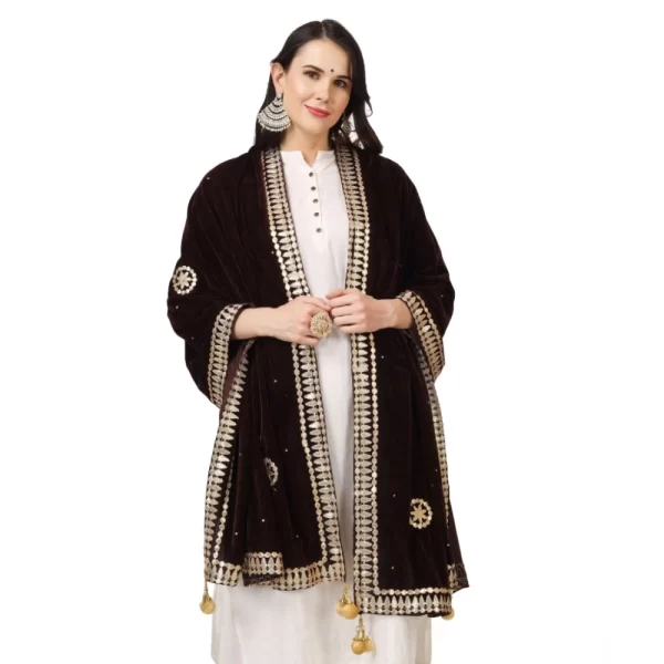 Generic Women's Velvet Gotta Patti Dupatta (Brown, Length: 2.25 to 2.50 Mtr) - Image 3