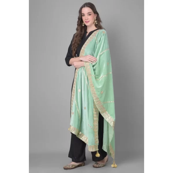 Generic Women's Velvet Gotta Patti Dupatta (Sea Green, Length: 2.25 to 2.50 Mtr) - Image 2