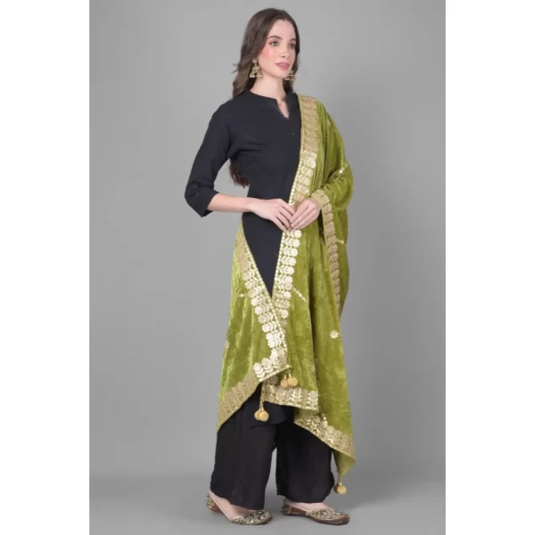 Generic Women's Velvet Gotta Patti Dupatta (Olive, Length: 2.25 to 2.50 Mtr) - Image 2
