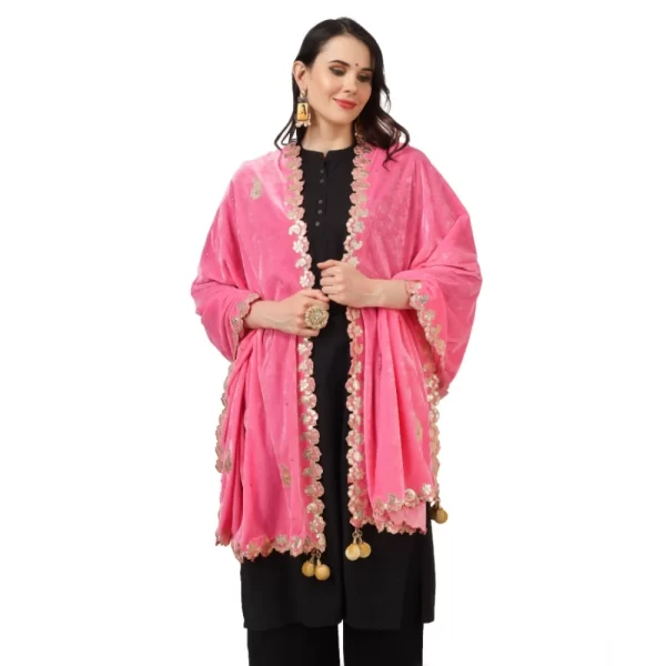 Generic Women's Velvet Gotta Patti Dupatta (Pink, Length: 2.25 to 2.50 Mtr) - Image 3