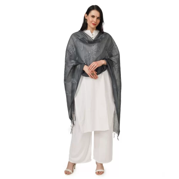 Generic Women's Cotton Embroidered Dupatta (Grey, Length: 2.25 to 2.50 Mtr) - Image 2
