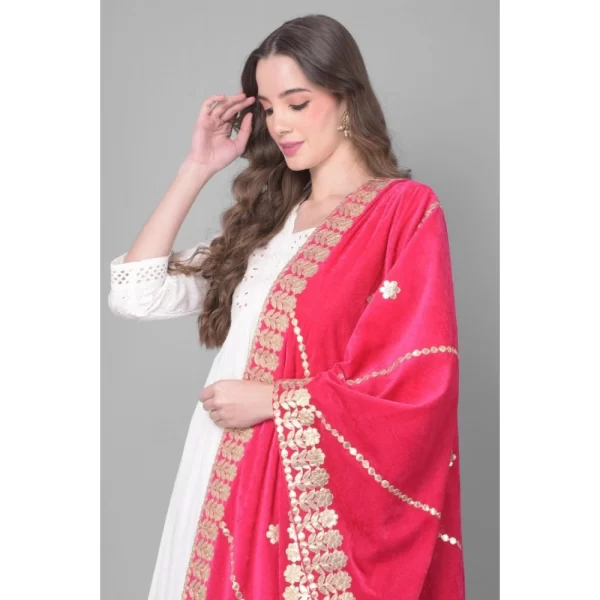 Generic Women's Velvet Gotta Patti Dupatta (Pink, Length: 2.25 to 2.50 Mtr) - Image 4