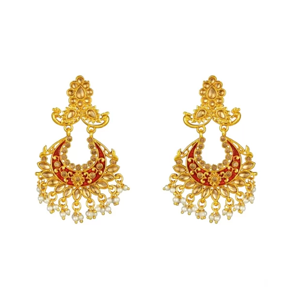 Generic Women's Rose Gold Plated Alloy Kundan Earrings & Mangtikka (Maroon) - Image 2