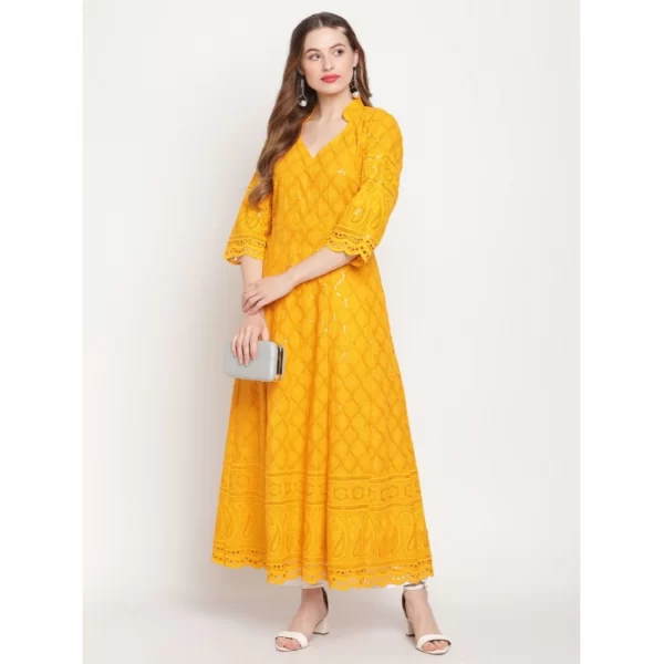 Generic Women's Casual 3/4th Sleeve Embroidered Cotton Kurti (Mustard) - Image 2