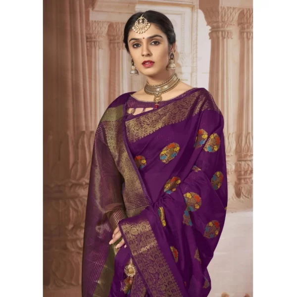 Generic Women's Chanderi Cotton Printed Saree With Unstitched Blouse (Purple, 5-6 Mtrs) - Image 2
