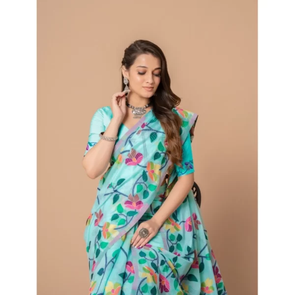 Generic Women's Cotton Printed Saree With Unstitched Blouse (Sky Blue, 5-6 Mtrs) - Image 5