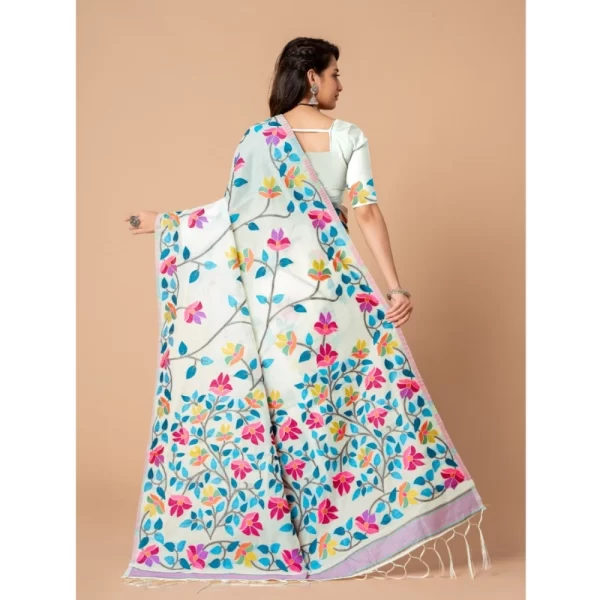 Generic Women's Cotton Printed Saree With Unstitched Blouse (White, 5-6 Mtrs) - Image 5