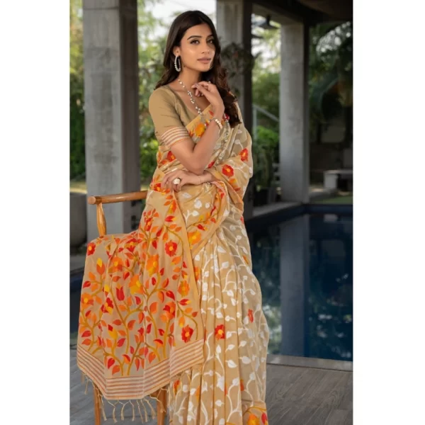 Generic Women's Cotton Printed Saree With Unstitched Blouse (Beige, 5-6 Mtrs) - Image 3