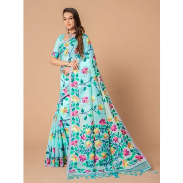 Generic Women's Cotton Printed Saree With Unstitched Blouse (Sky Blue, 5-6 Mtrs) - Image 3