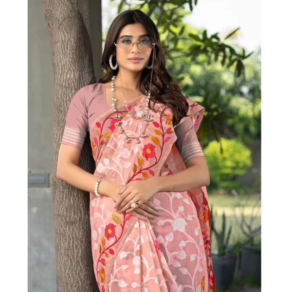 Generic Women's Cotton Printed Saree With Unstitched Blouse (Peach, 5-6 Mtrs) - Image 4