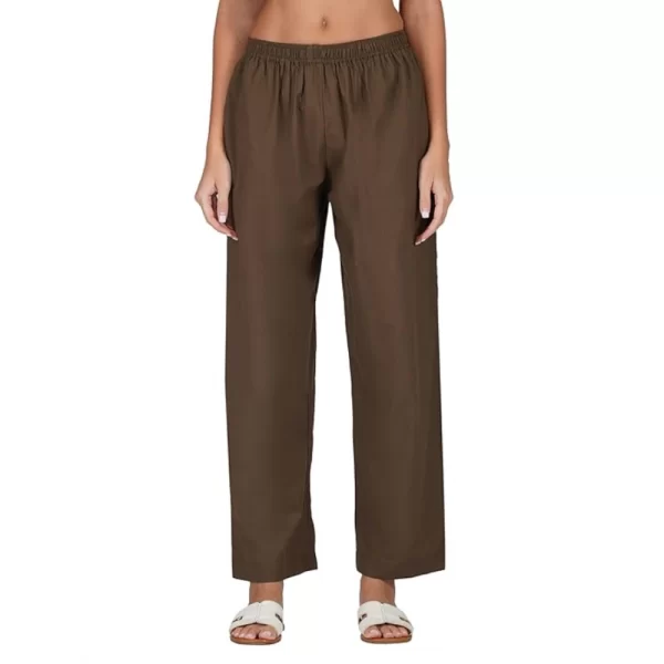 Generic Women's Casual Cotton Cambric Solid Elastic Palazzo Trousers (Brown)