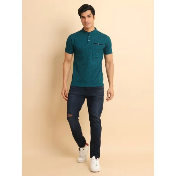Generic Men's Casual Cotton Printed Mandarin Collar Half Sleeve T-Shirt (Green) - Image 7