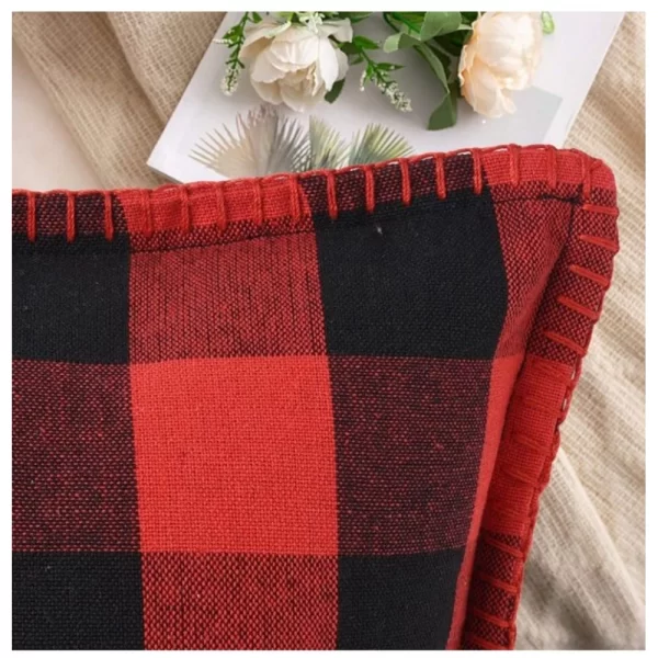 Generic Pack Of_2 Cotton Checkered Cushion Cover With Blanket Stitch (Red & Black, Size: 12x20 In) - Image 2