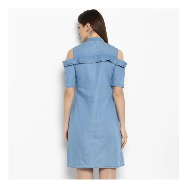 Generic Women's Denim Solid Cold Shoulder Above Knee Dress (Blue) - Image 7
