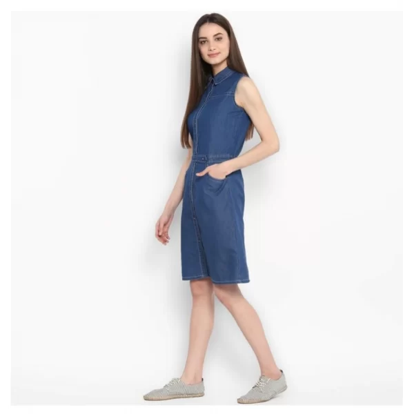 Generic Women's Denim Solid Sleeveless Above Knee Dress (Blue) - Image 3