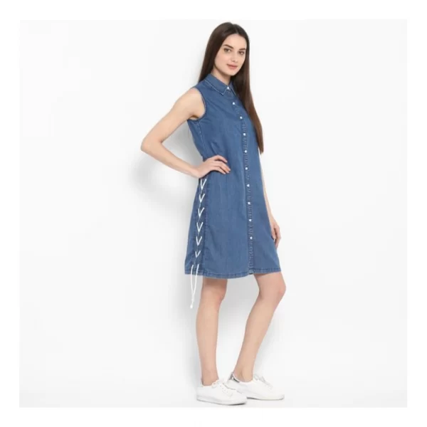 Generic Women's Denim Solid Sleeveless Above Knee Dress (Blue) - Image 4