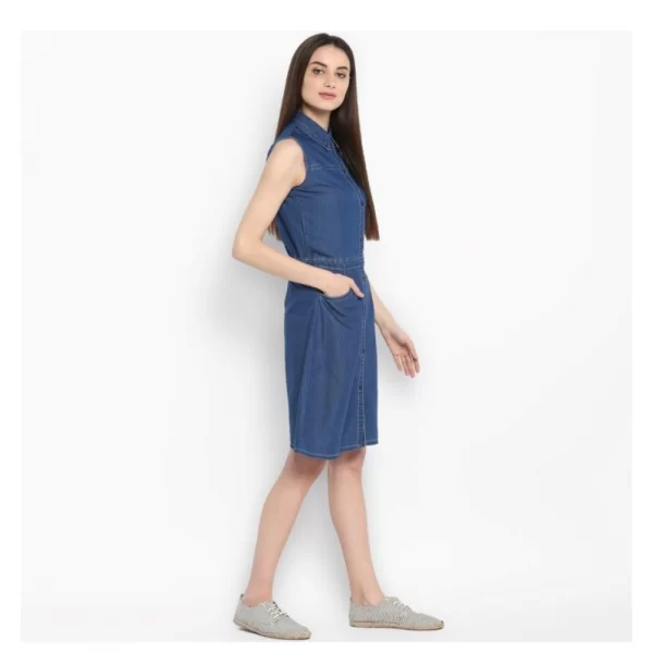 Generic Women's Denim Solid Sleeveless Above Knee Dress (Blue) - Image 4