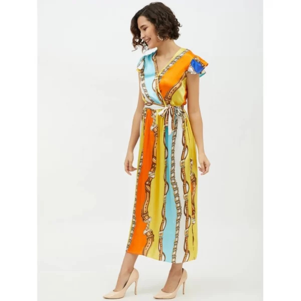 Generic Women's Satin Chain Print Cap Sleeve Calf-length Dress (Multicolor) - Image 3