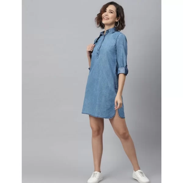 Generic Women's Denim Solid Long Sleeves Above Knee Dress (Ice Blue) - Image 5