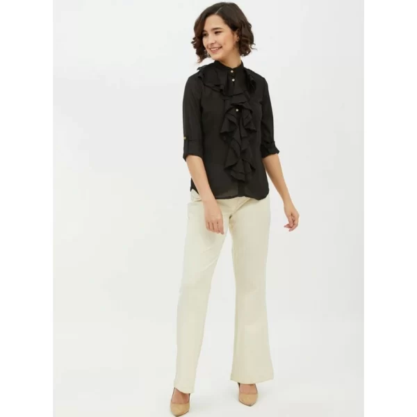 Generic Women's Polyester Ruffled Long Sleeves Standard Length Shirt (Black) - Image 6