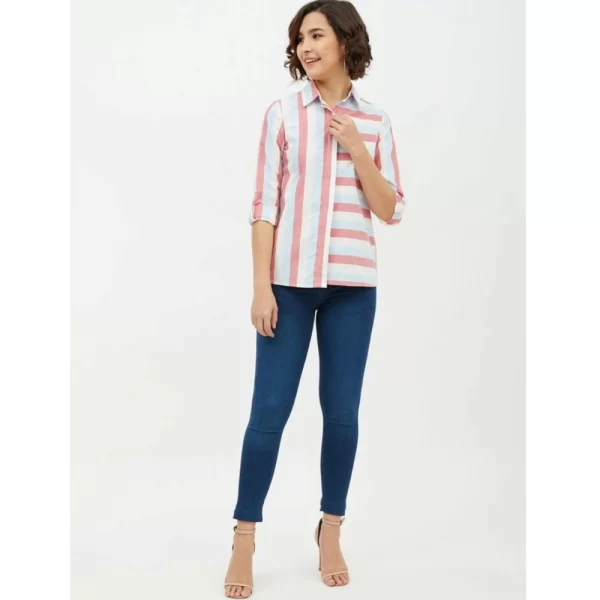Generic Women's Cotton Striped Long Sleeves Standard Length Shirt (Pink) - Image 6