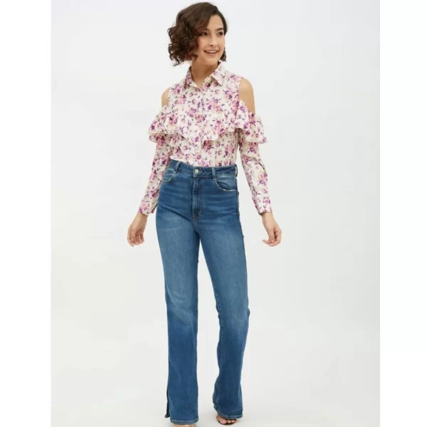 Generic Women's Polyester Floral Cold Shoulder Standard Length Shirt (White) - Image 3