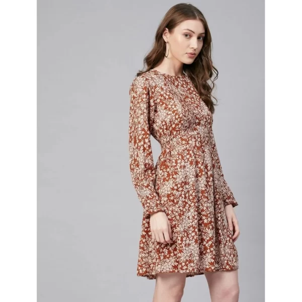 Generic Women's Polyester Floral Long Sleeves Above Knee Dress (Rust) - Image 3