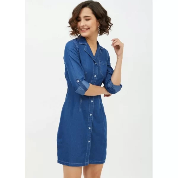 Generic Women's Denim Solid Long Sleeves Above Knee Dress (Blue) - Image 4