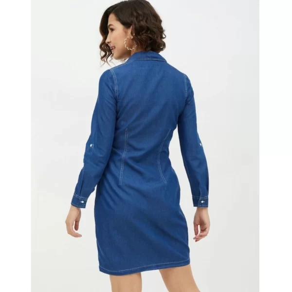Generic Women's Denim Solid Long Sleeves Above Knee Dress (Blue) - Image 7