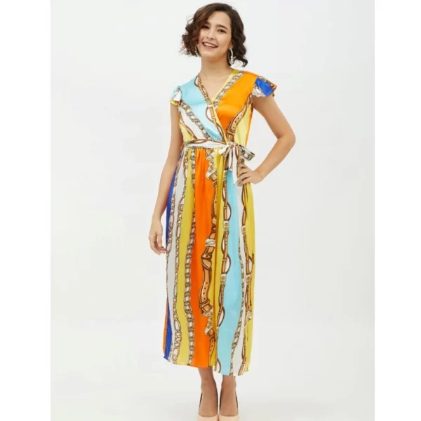 Generic Women's Satin Chain Print Cap Sleeve Calf-length Dress (Multicolor) - Image 6