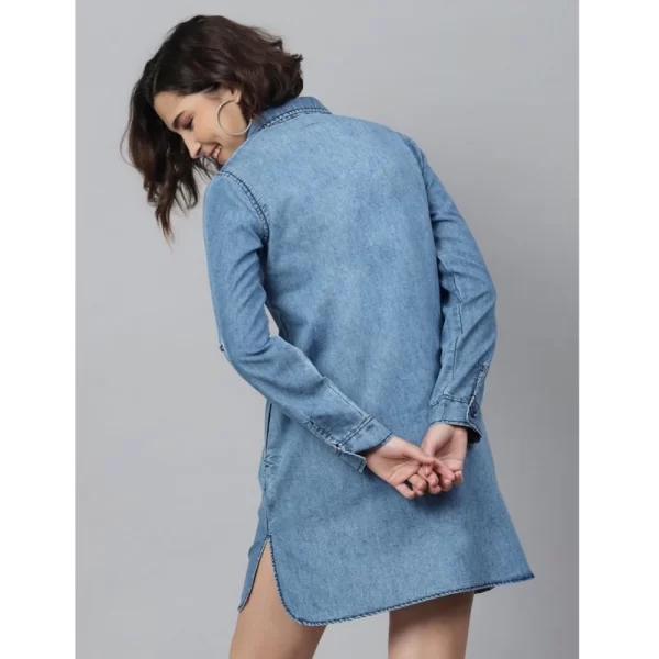 Generic Women's Denim Solid Long Sleeves Above Knee Dress (Ice Blue) - Image 6