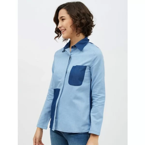 Generic Women's Denim Patch Work Long Sleeves Standard Length Shirt (Blue) - Image 3