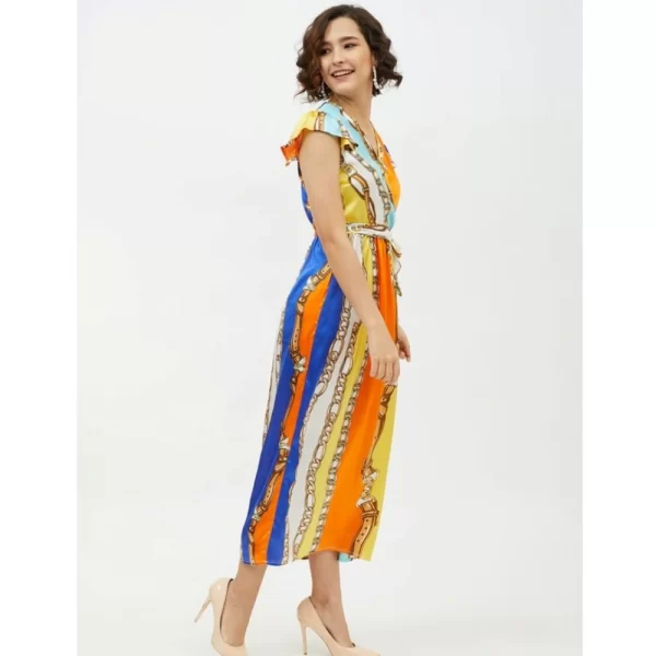 Generic Women's Satin Chain Print Cap Sleeve Calf-length Dress (Multicolor) - Image 5