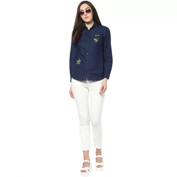 Generic Women's Denim Patch Work Long Sleeves Standard Length Shirt (Blue) - Image 6